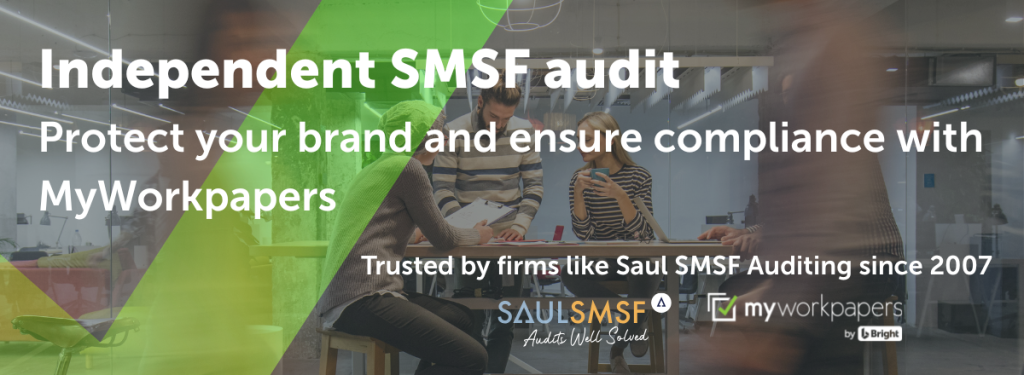 Professional SMSF auditor working in modern office with text overlay about independent SMSF audits and MyWorkpapers compliance software.